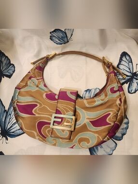 Fendi Pink Tan & Mint Swirl Canvas Hobo with Gold FF Buckle